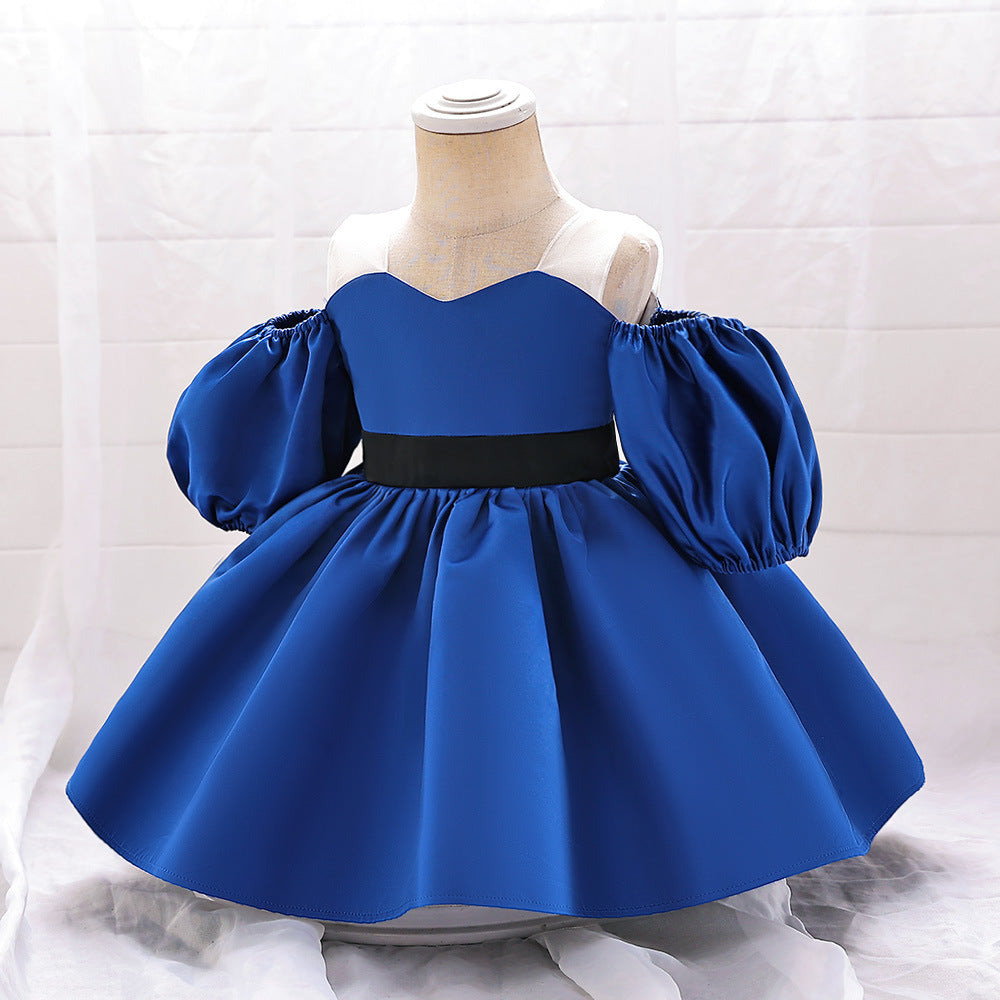 A-Line Satin Baby Dress with Sweetheart Neck & Ruffle Sleeves – For Girls 9-24 Months