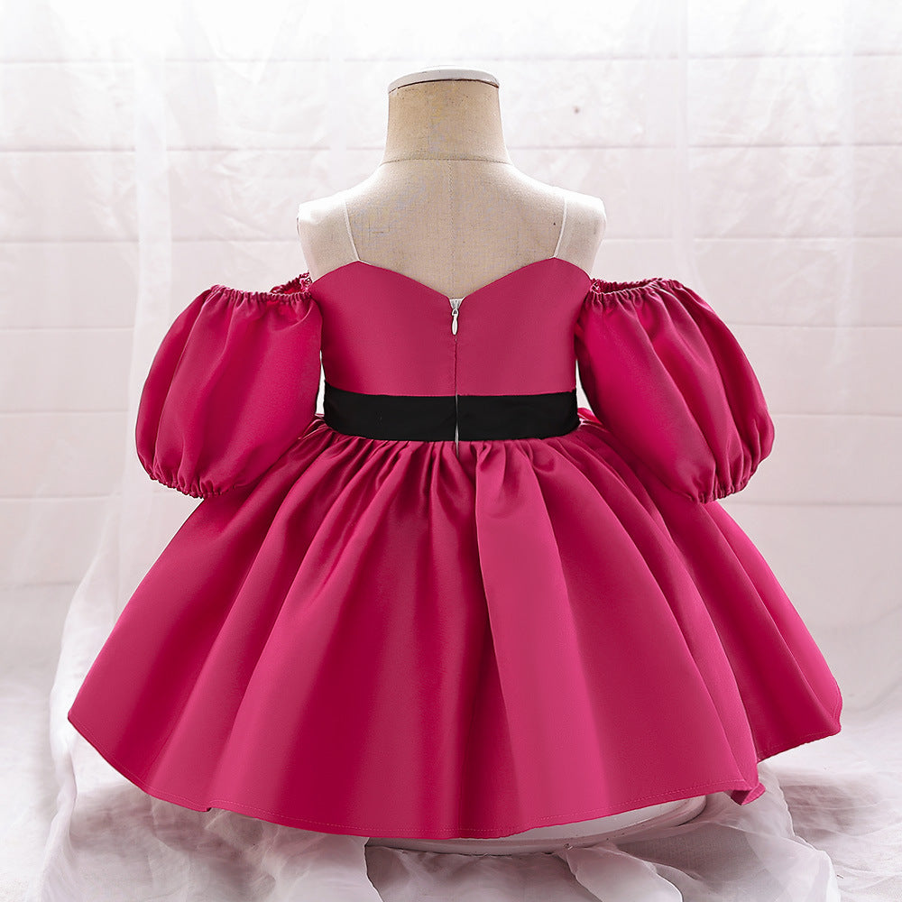 A-Line Satin Baby Dress with Sweetheart Neck & Ruffle Sleeves – For Girls 9-24 Months