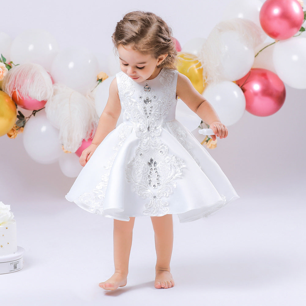Adorable A-Line Party Dress with Bow & Ruffles for Girls | Satin Knee Length Baby Dress