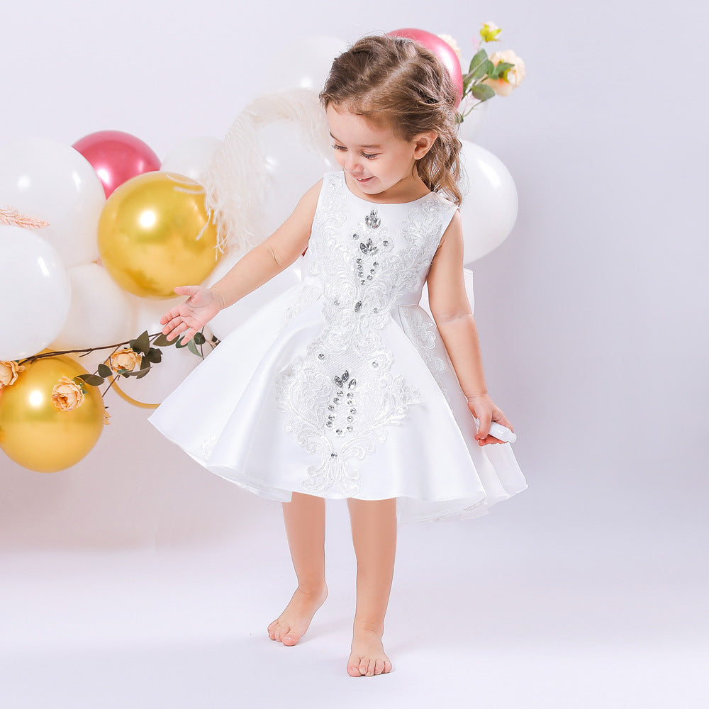Adorable A-Line Party Dress with Bow & Ruffles for Girls | Satin Knee Length Baby Dress