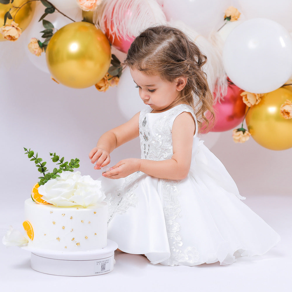 Adorable A-Line Party Dress with Bow & Ruffles for Girls | Satin Knee Length Baby Dress