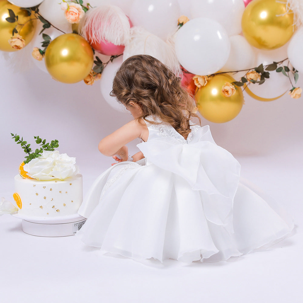 Adorable A-Line Party Dress with Bow & Ruffles for Girls | Satin Knee Length Baby Dress