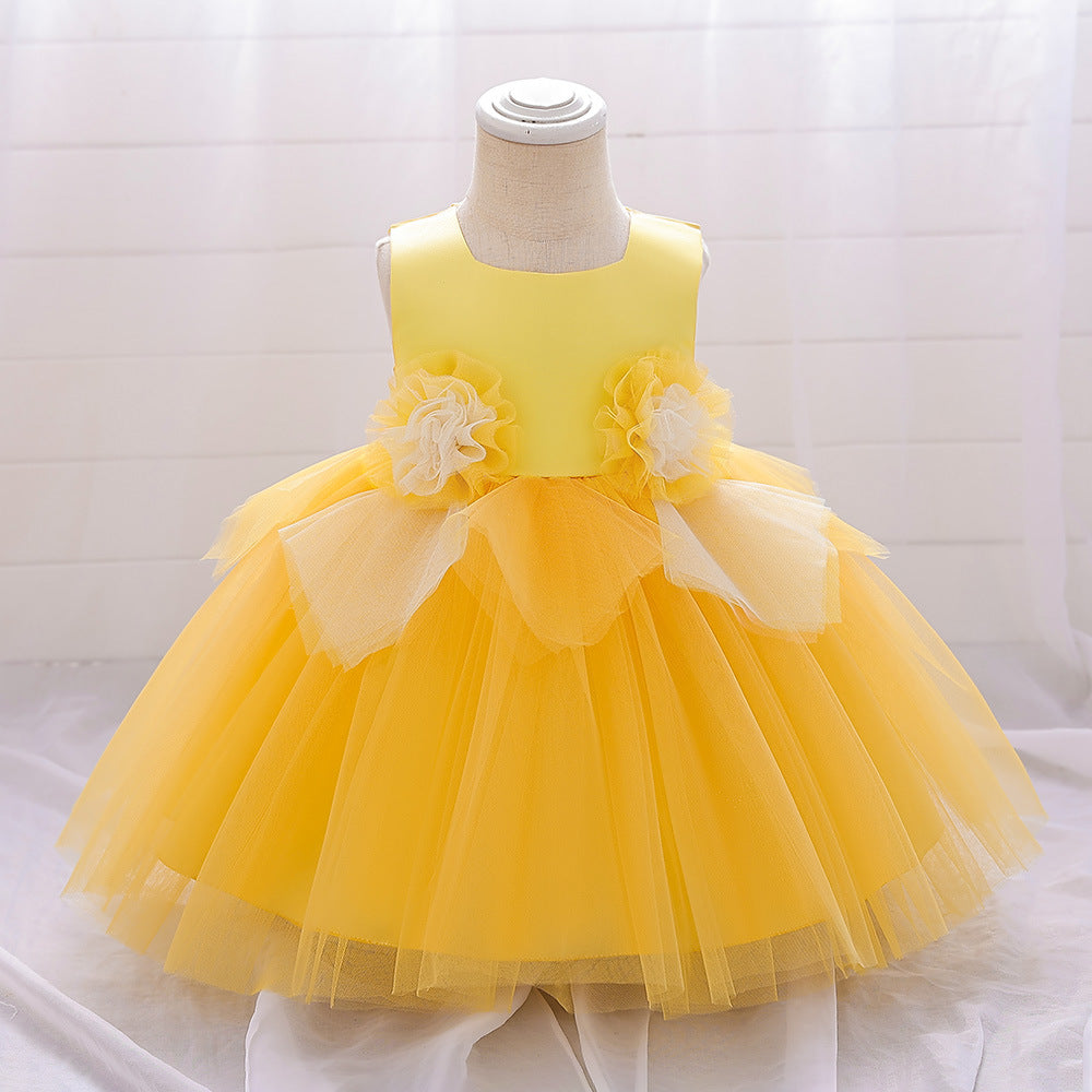 Adorable A-Line Baby Tea Length Dress with Fabric Flowers for 9-24 Months