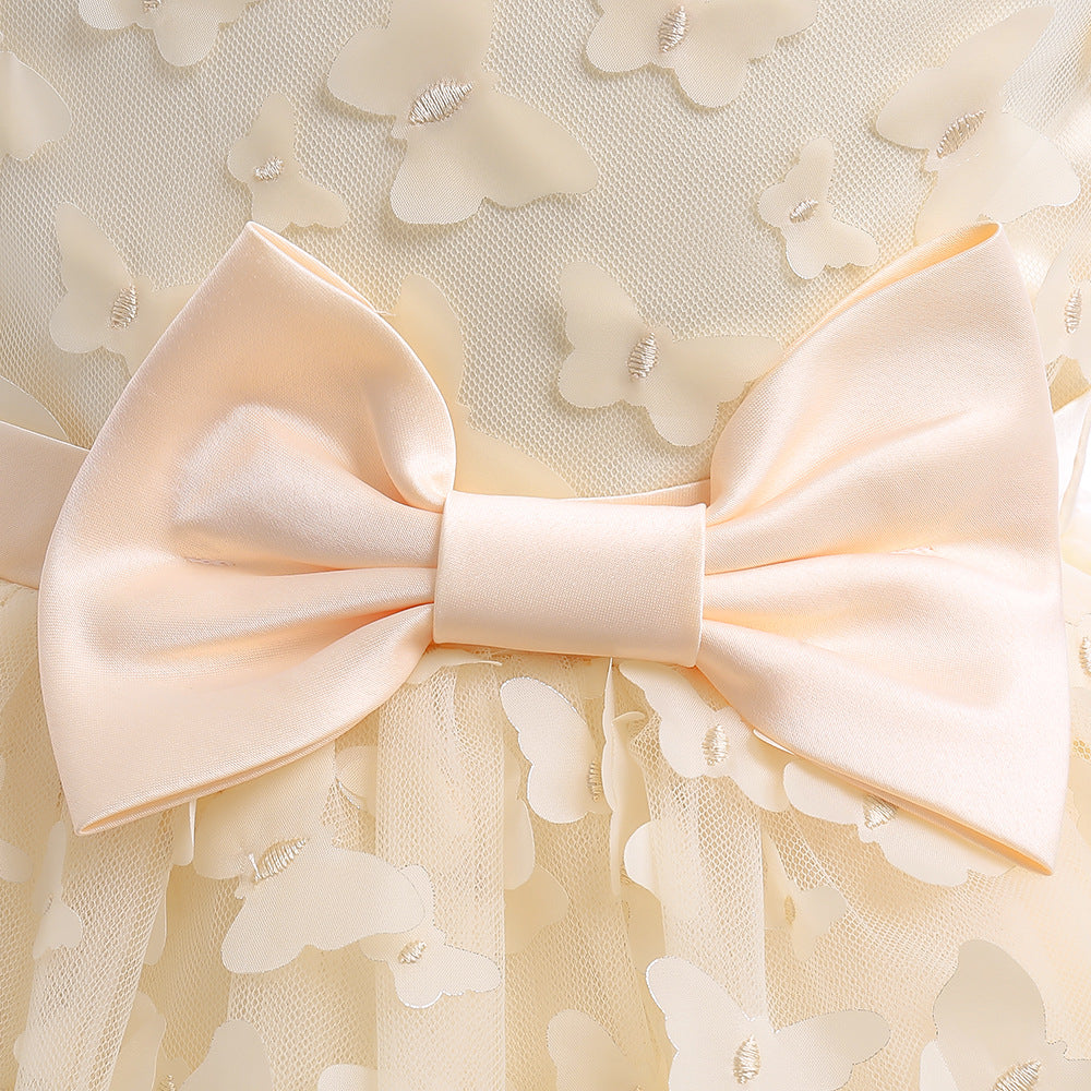 Charming A-Line Tea Length Girl's Gown with Bowknot and Floral Embellishments