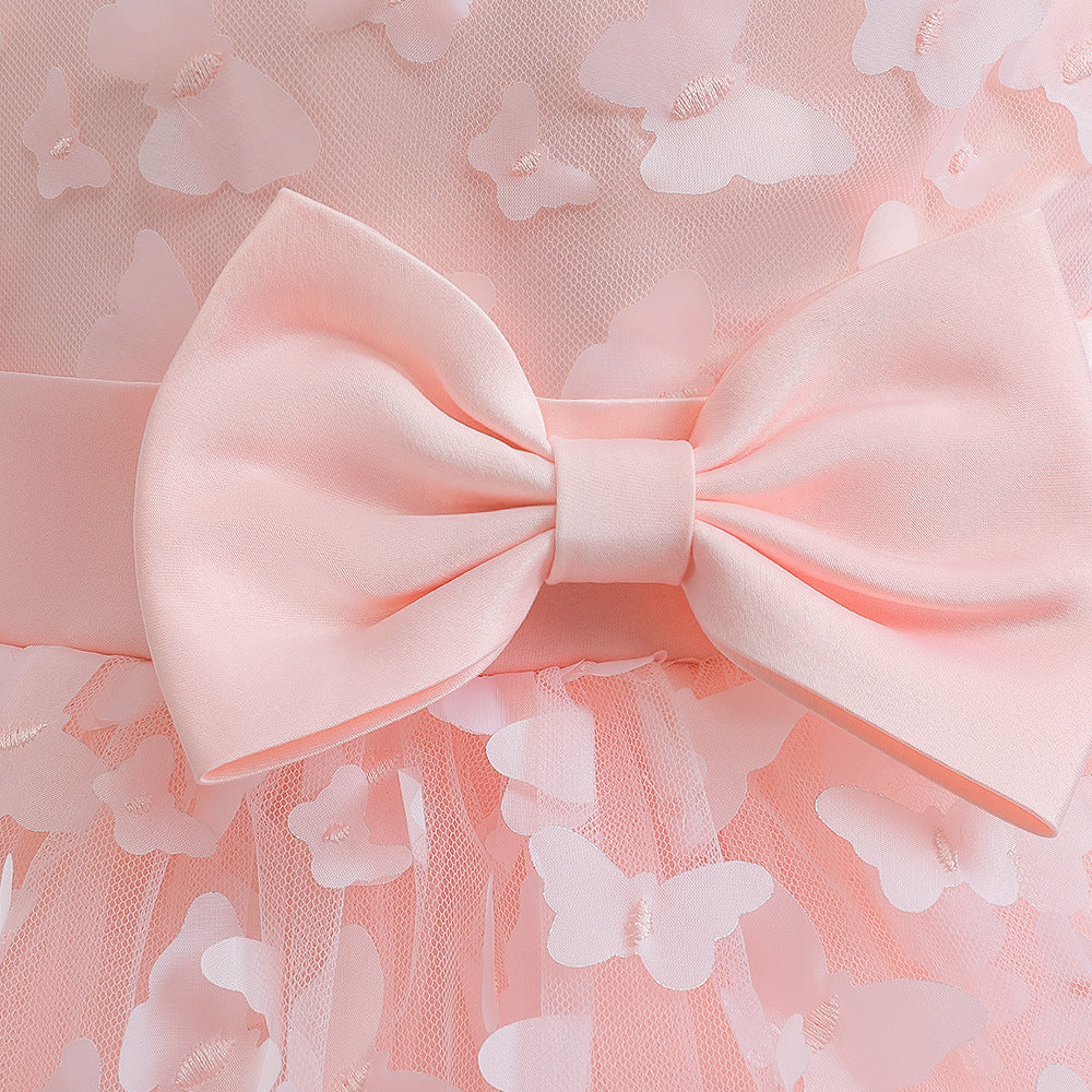 Charming A-Line Tea Length Girl's Gown with Bowknot and Floral Embellishments