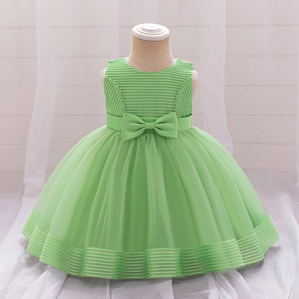 Cute A-Line Tulle Tea Length Dress with Bows & Ruffles for Girls (9M-4Y)