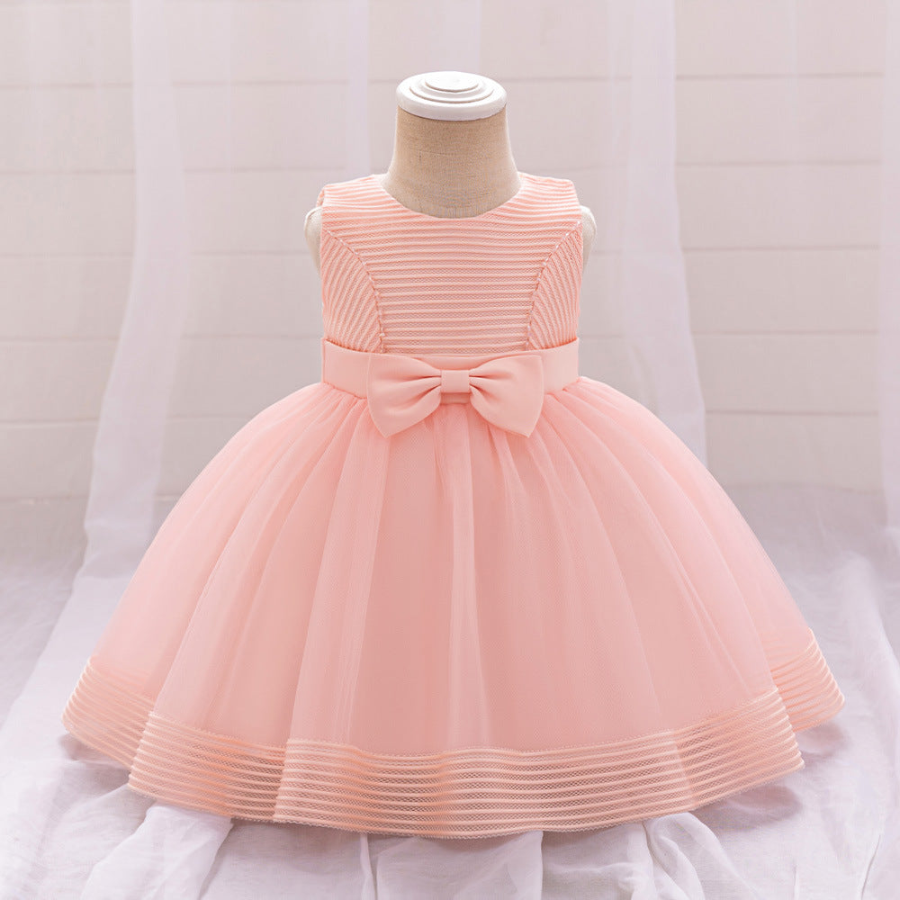 Cute A-Line Tulle Tea Length Dress with Bows & Ruffles for Girls (9M-4Y)