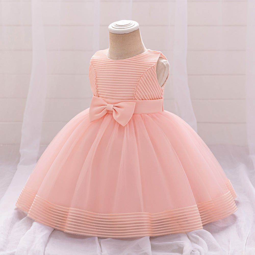 Cute A-Line Tulle Tea Length Dress with Bows & Ruffles for Girls (9M-4Y)
