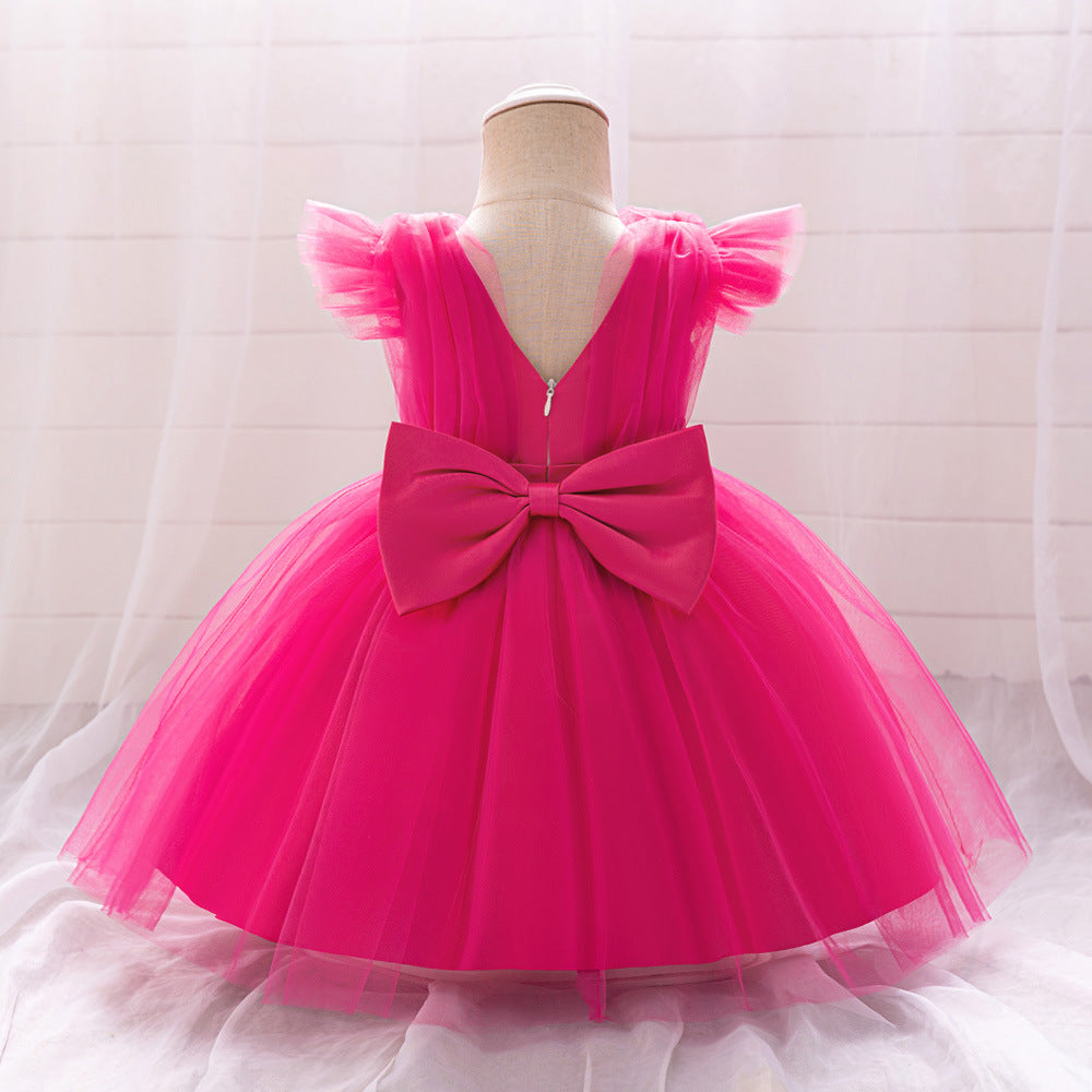 A-line Baby Girl Tulle Party Dress with Bow & Flutter Sleeves