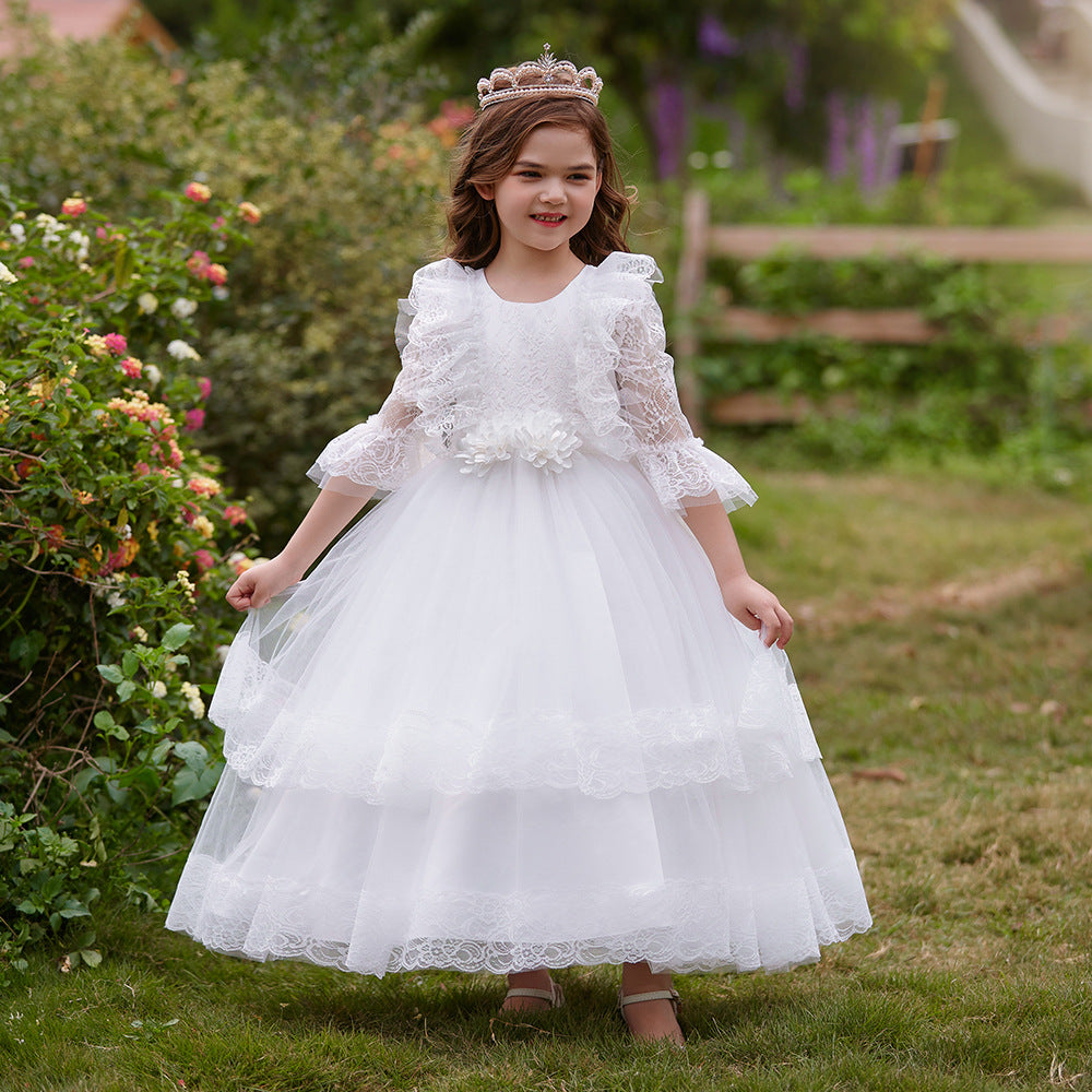 Cute Girls A-Line Tulle Maxi Dress with Lace, Ruffles & Appliques | Party & Flower Girl Gown