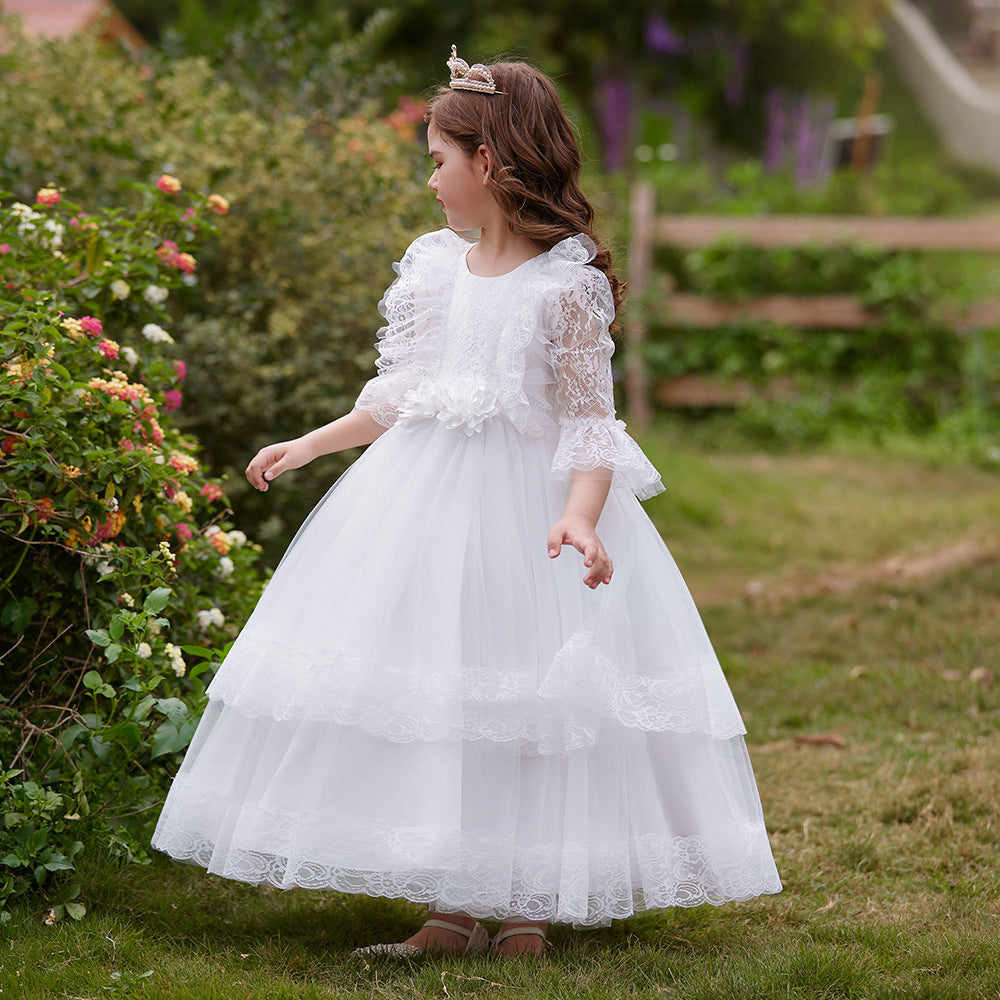 Cute Girls A-Line Tulle Maxi Dress with Lace, Ruffles & Appliques | Party & Flower Girl Gown