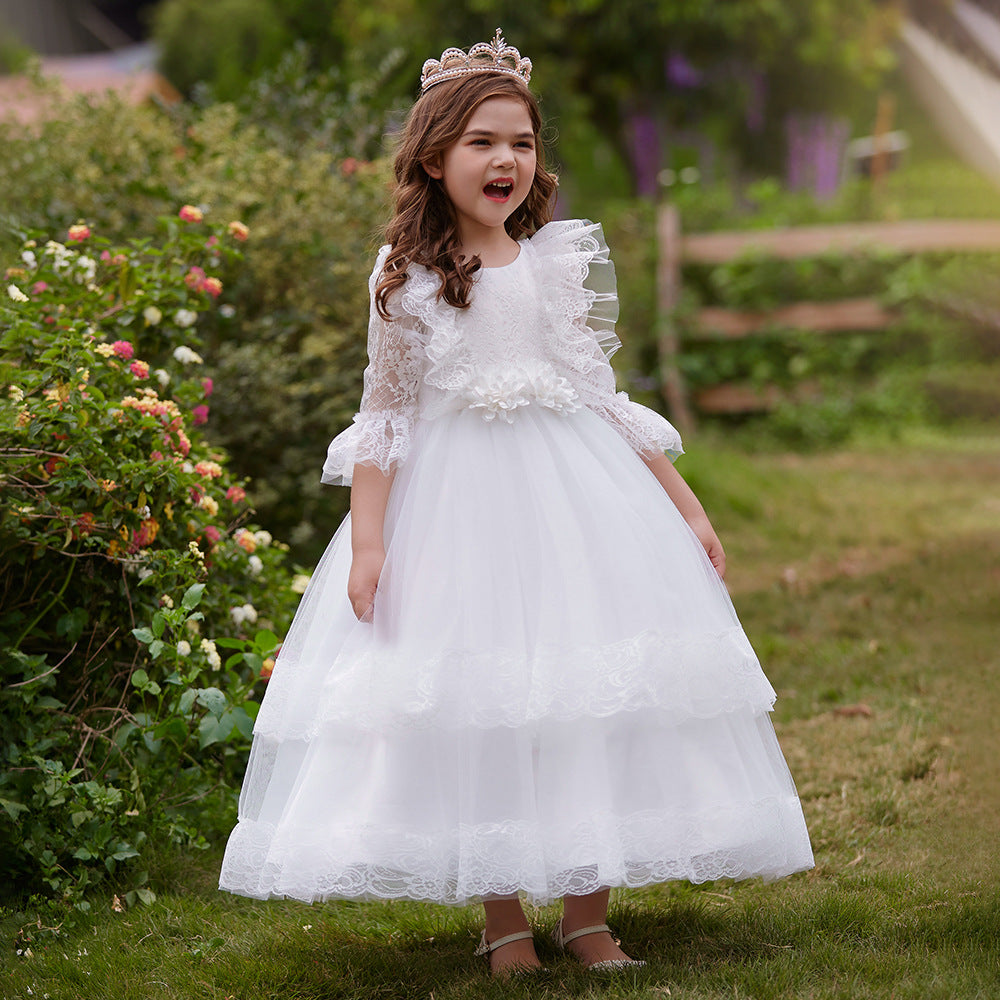 Cute Girls A-Line Tulle Maxi Dress with Lace, Ruffles & Appliques | Party & Flower Girl Gown