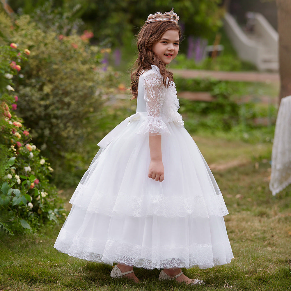 Cute Girls A-Line Tulle Maxi Dress with Lace, Ruffles & Appliques | Party & Flower Girl Gown