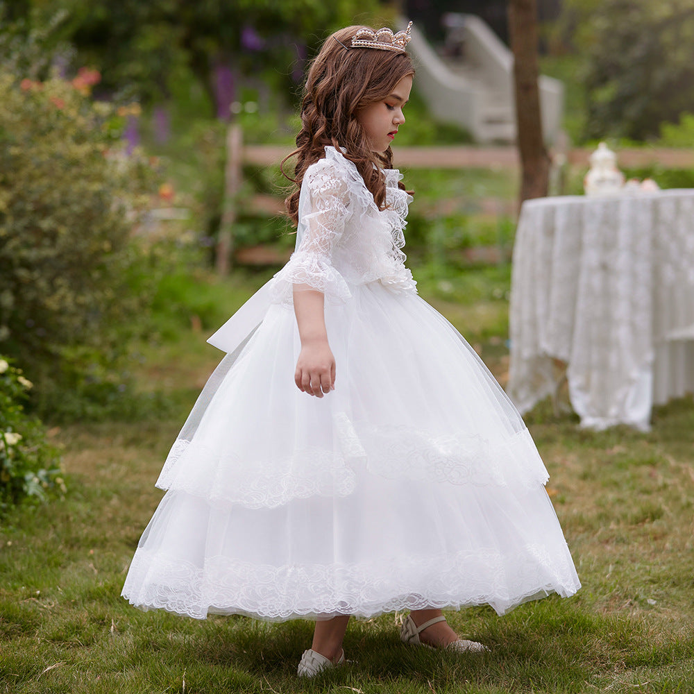 Cute Girls A-Line Tulle Maxi Dress with Lace, Ruffles & Appliques | Party & Flower Girl Gown