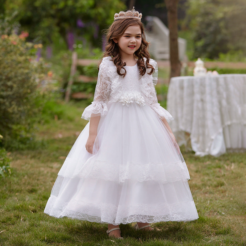 Cute Girls A-Line Tulle Maxi Dress with Lace, Ruffles & Appliques | Party & Flower Girl Gown