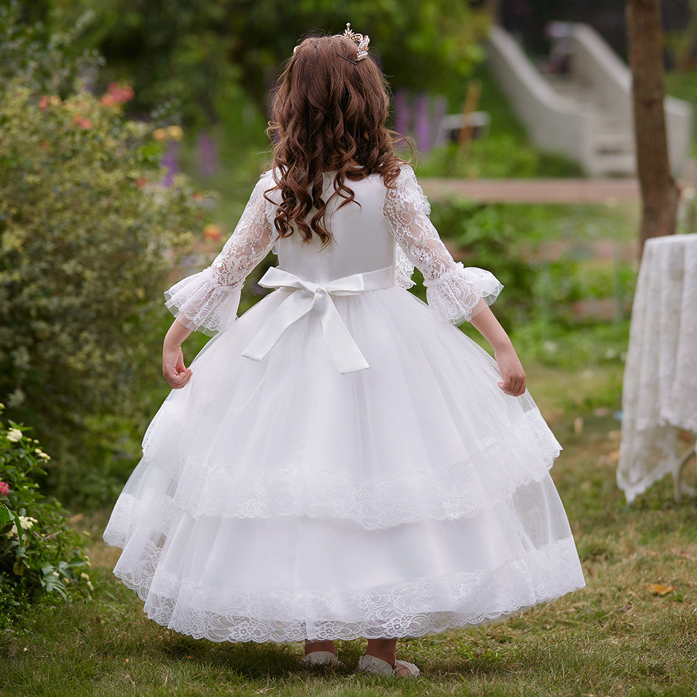 Cute Girls A-Line Tulle Maxi Dress with Lace, Ruffles & Appliques | Party & Flower Girl Gown
