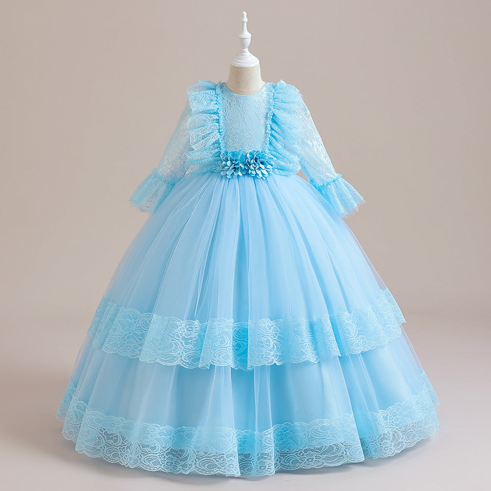 Cute Girls A-Line Tulle Maxi Dress with Lace, Ruffles & Appliques | Party & Flower Girl Gown