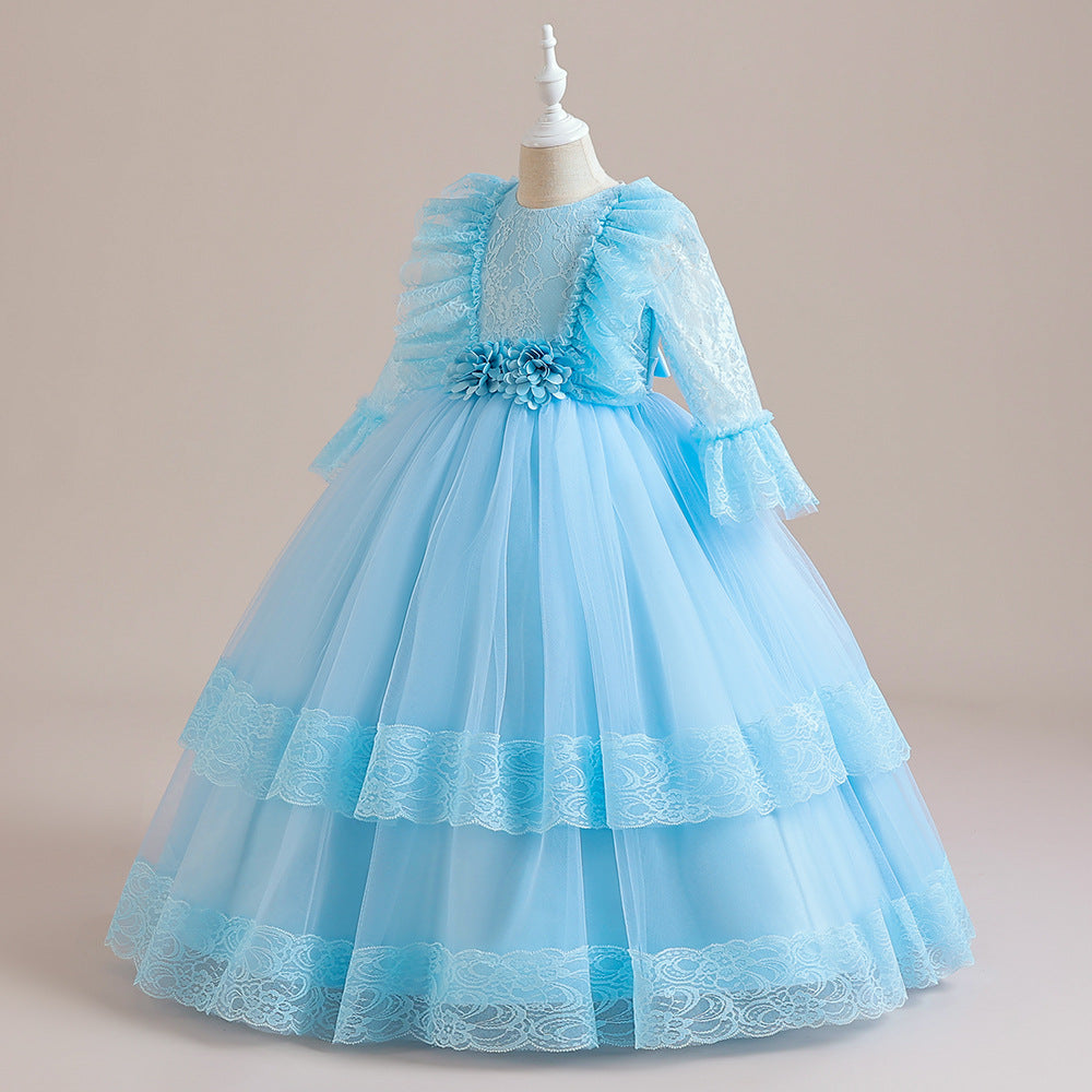 Cute Girls A-Line Tulle Maxi Dress with Lace, Ruffles & Appliques | Party & Flower Girl Gown