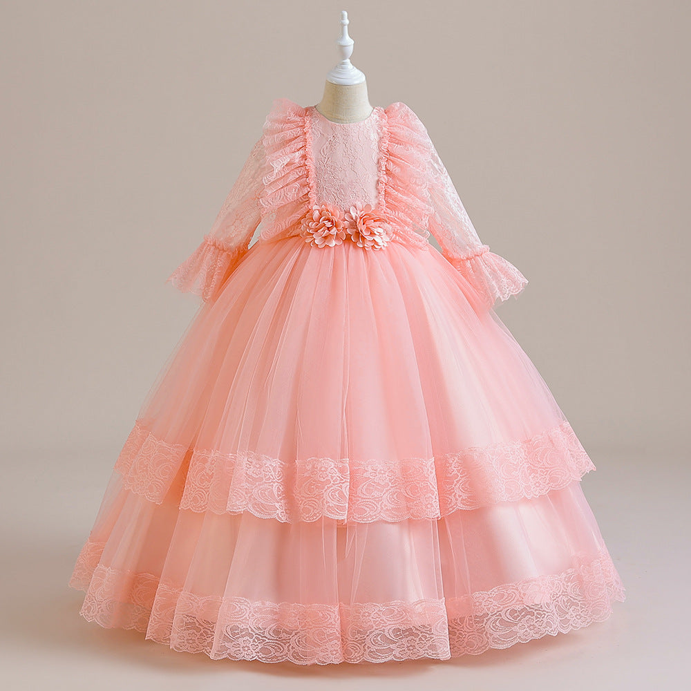 Cute Girls A-Line Tulle Maxi Dress with Lace, Ruffles & Appliques | Party & Flower Girl Gown
