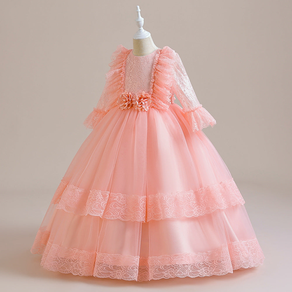 Cute Girls A-Line Tulle Maxi Dress with Lace, Ruffles & Appliques | Party & Flower Girl Gown