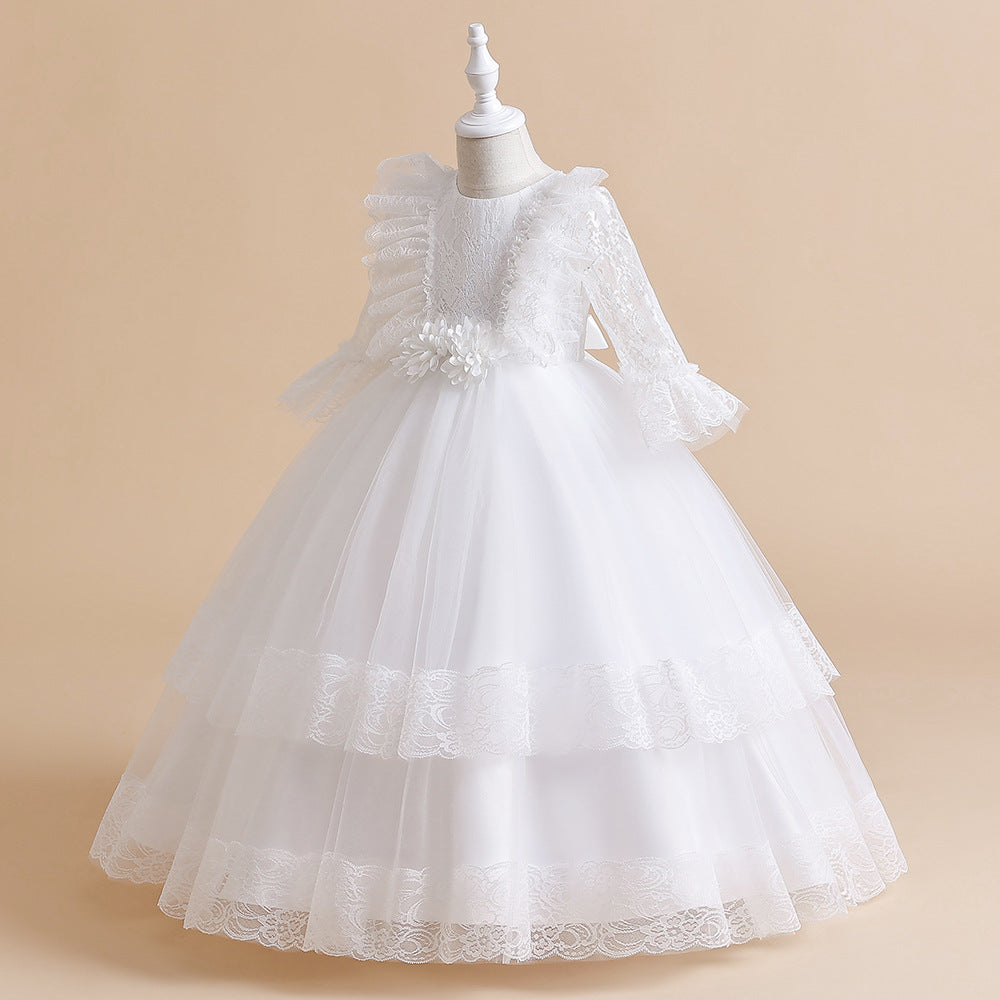 Cute Girls A-Line Tulle Maxi Dress with Lace, Ruffles & Appliques | Party & Flower Girl Gown