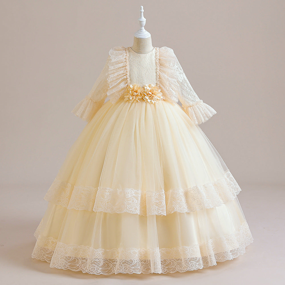 Cute Girls A-Line Tulle Maxi Dress with Lace, Ruffles & Appliques | Party & Flower Girl Gown
