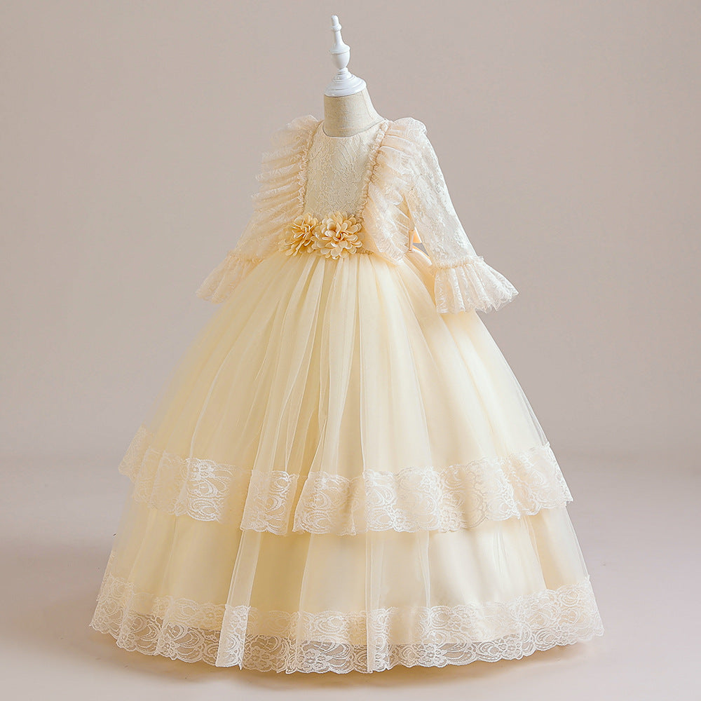 Cute Girls A-Line Tulle Maxi Dress with Lace, Ruffles & Appliques | Party & Flower Girl Gown