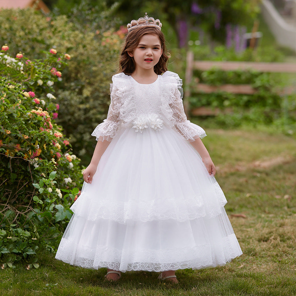 Cute Girls A-Line Tulle Maxi Dress with Lace, Ruffles & Appliques | Party & Flower Girl Gown