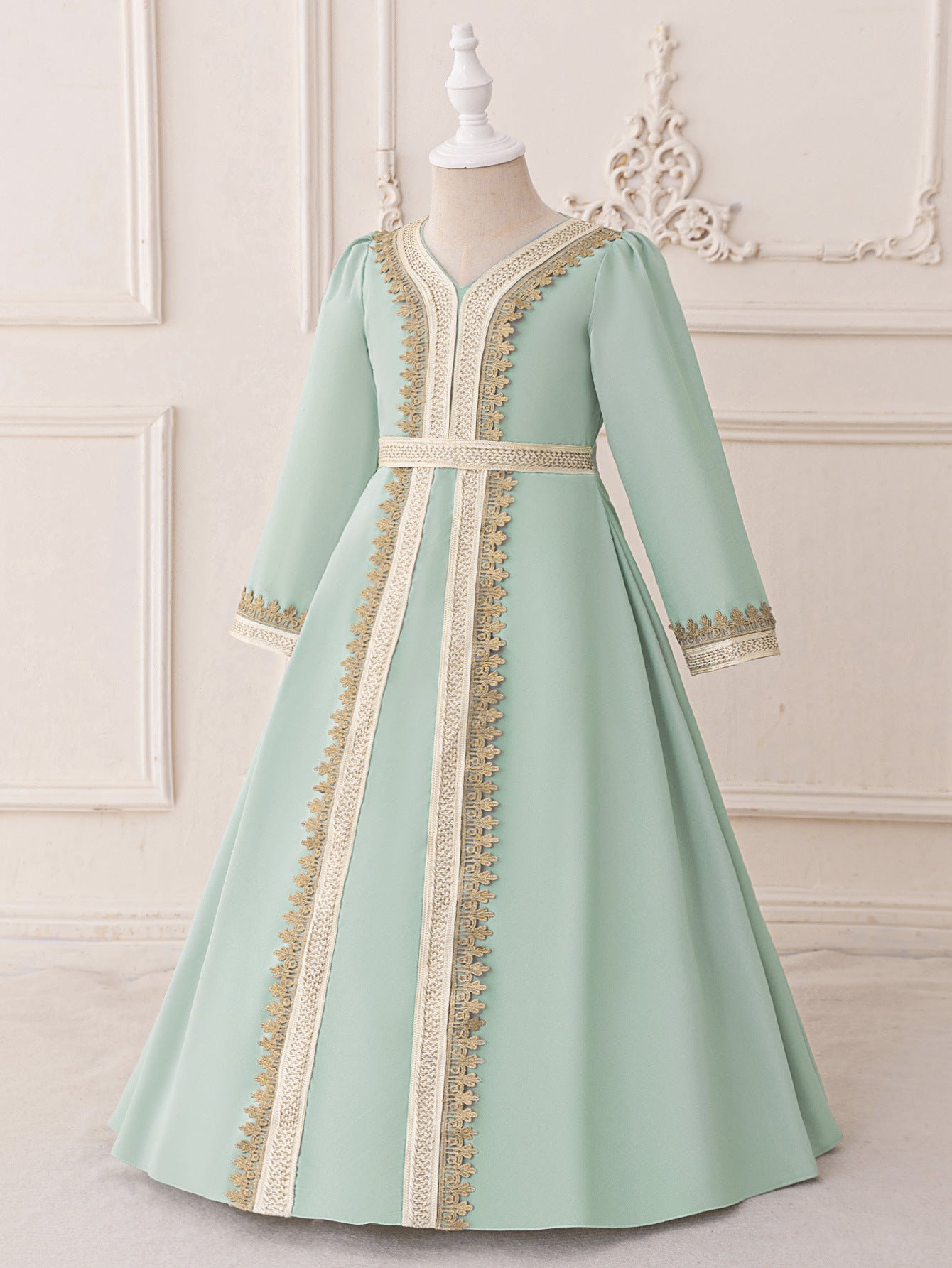 A-Line Light Green Lace Maxi Dress for Girls | Cute Formal Long Sleeve Gown