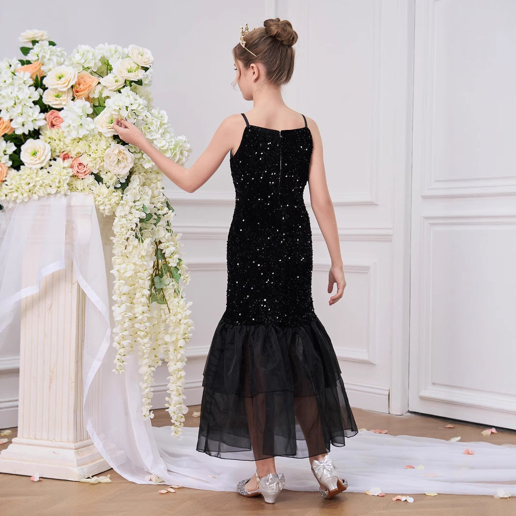 Girls' Black Sequin Mermaid Maxi Dress – Cute Party & Formal Gown