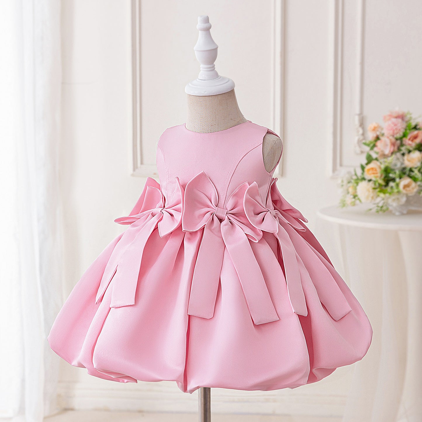 Pink Bowknot Satin Princess Dress – A-Line Tea Length for Girls (9M-4Y)