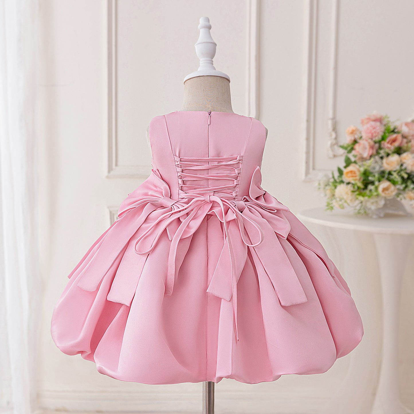 Pink Bowknot Satin Princess Dress – A-Line Tea Length for Girls (9M-4Y)