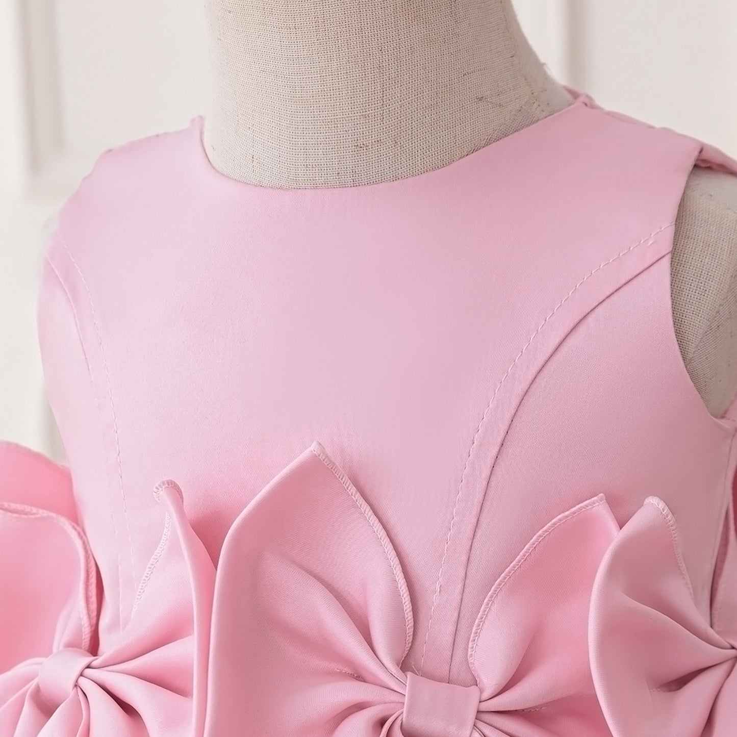 Pink Bowknot Satin Princess Dress – A-Line Tea Length for Girls (9M-4Y)
