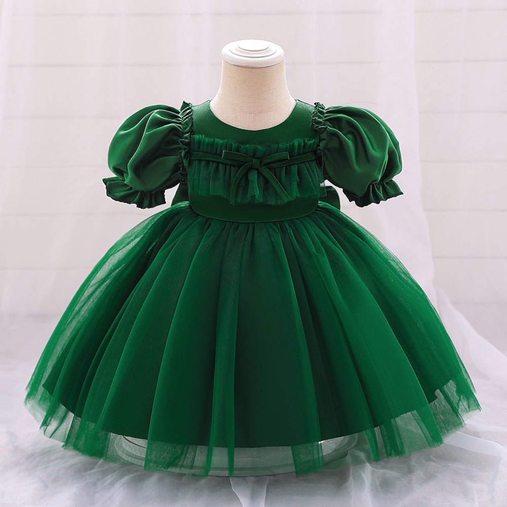Bubble Sleeve Tulle A-Line Dress for Baby Girls – Tea Length Party & Wedding Outfit