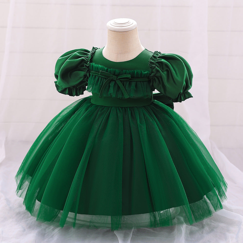 Bubble Sleeve Tulle A-Line Dress for Baby Girls – Tea Length Party & Wedding Outfit