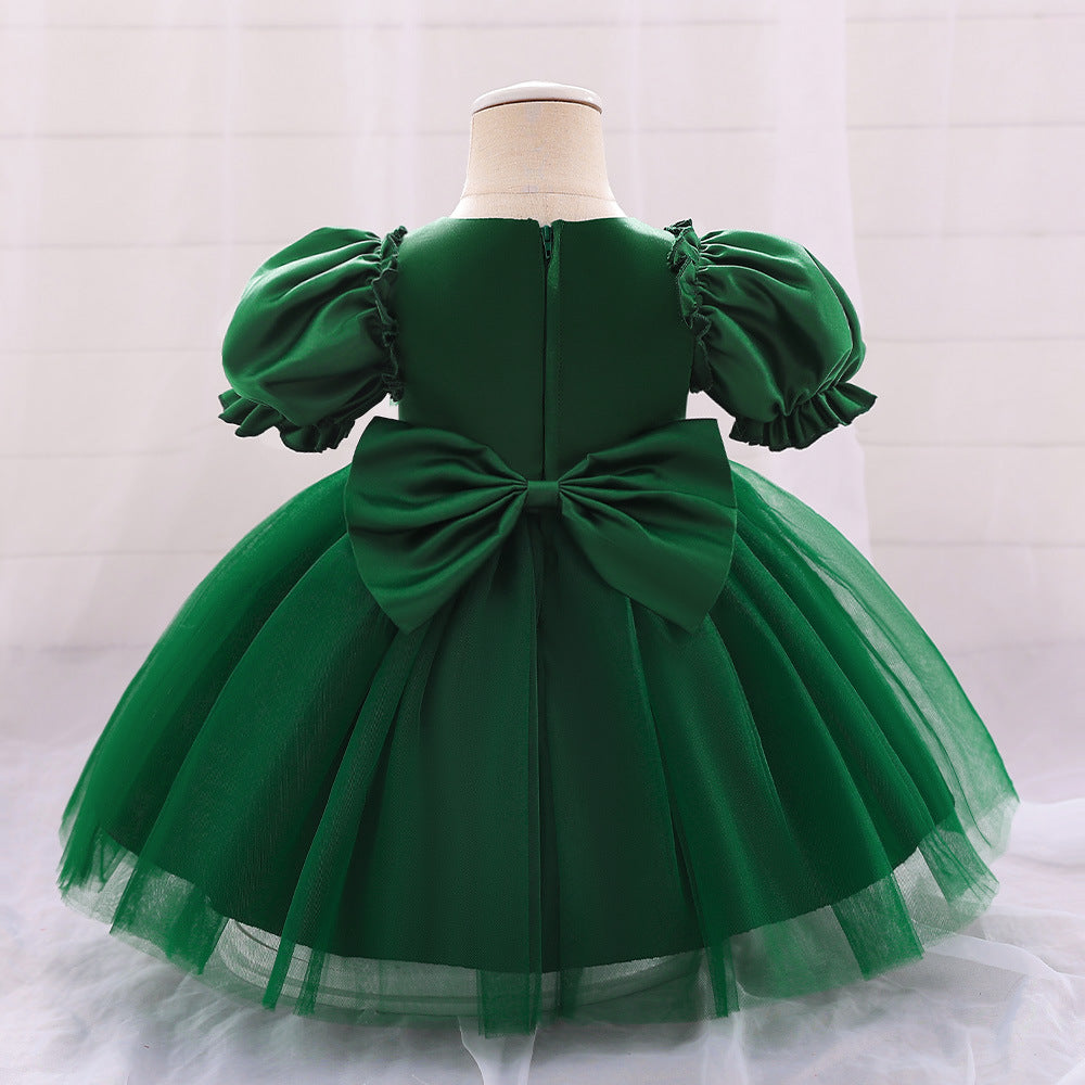 Bubble Sleeve Tulle A-Line Dress for Baby Girls – Tea Length Party & Wedding Outfit