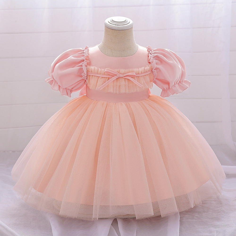 Bubble Sleeve Tulle A-Line Dress for Baby Girls – Tea Length Party & Wedding Outfit