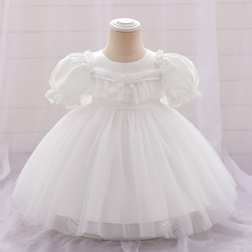 Bubble Sleeve Tulle A-Line Dress for Baby Girls – Tea Length Party & Wedding Outfit