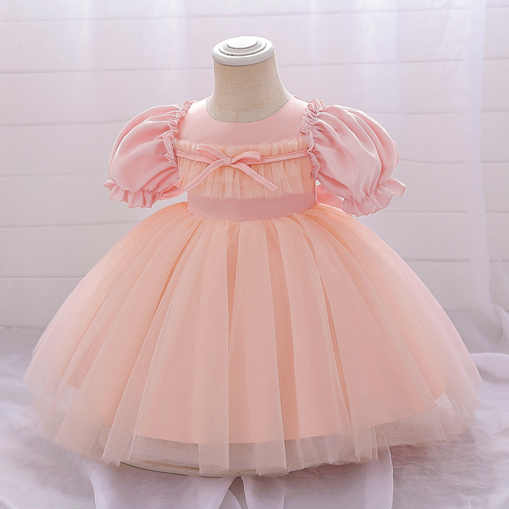 Bubble Sleeve Tulle A-Line Dress for Baby Girls – Tea Length Party & Wedding Outfit