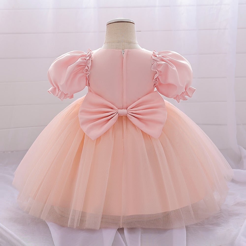 Bubble Sleeve Tulle A-Line Dress for Baby Girls – Tea Length Party & Wedding Outfit