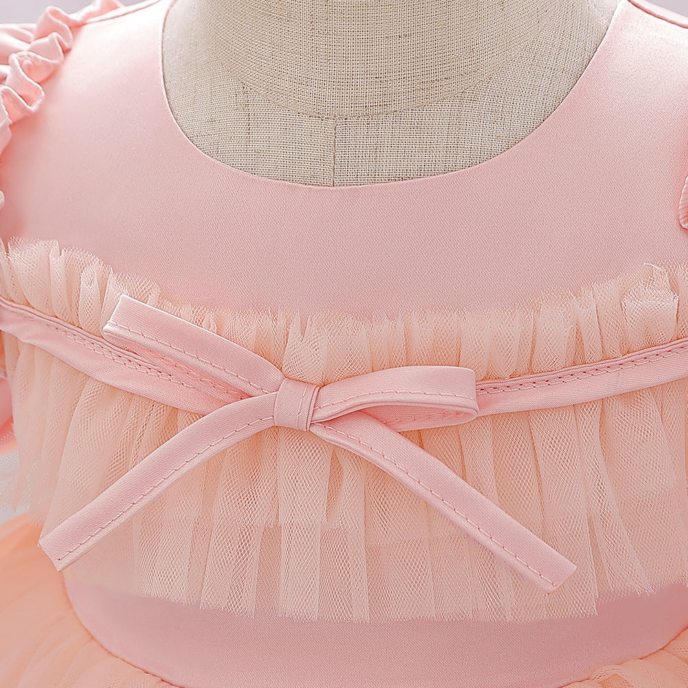Bubble Sleeve Tulle A-Line Dress for Baby Girls – Tea Length Party & Wedding Outfit