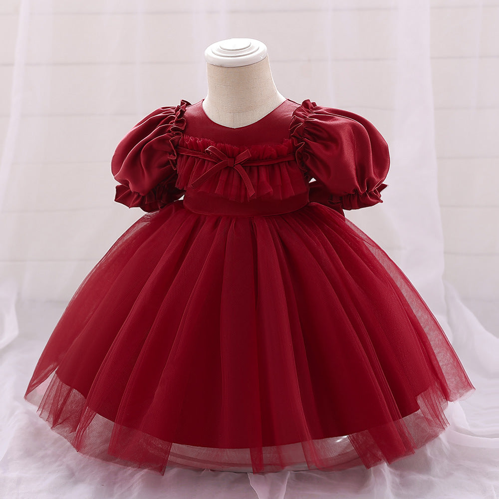 Bubble Sleeve Tulle A-Line Dress for Baby Girls – Tea Length Party & Wedding Outfit