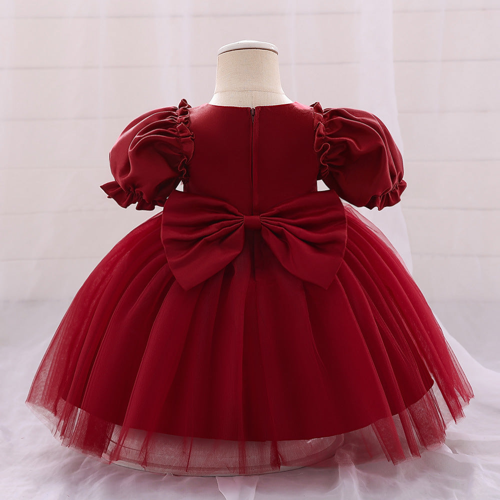 Bubble Sleeve Tulle A-Line Dress for Baby Girls – Tea Length Party & Wedding Outfit