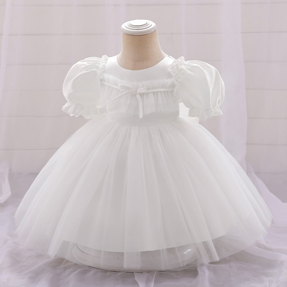 Bubble Sleeve Tulle A-Line Dress for Baby Girls – Tea Length Party & Wedding Outfit