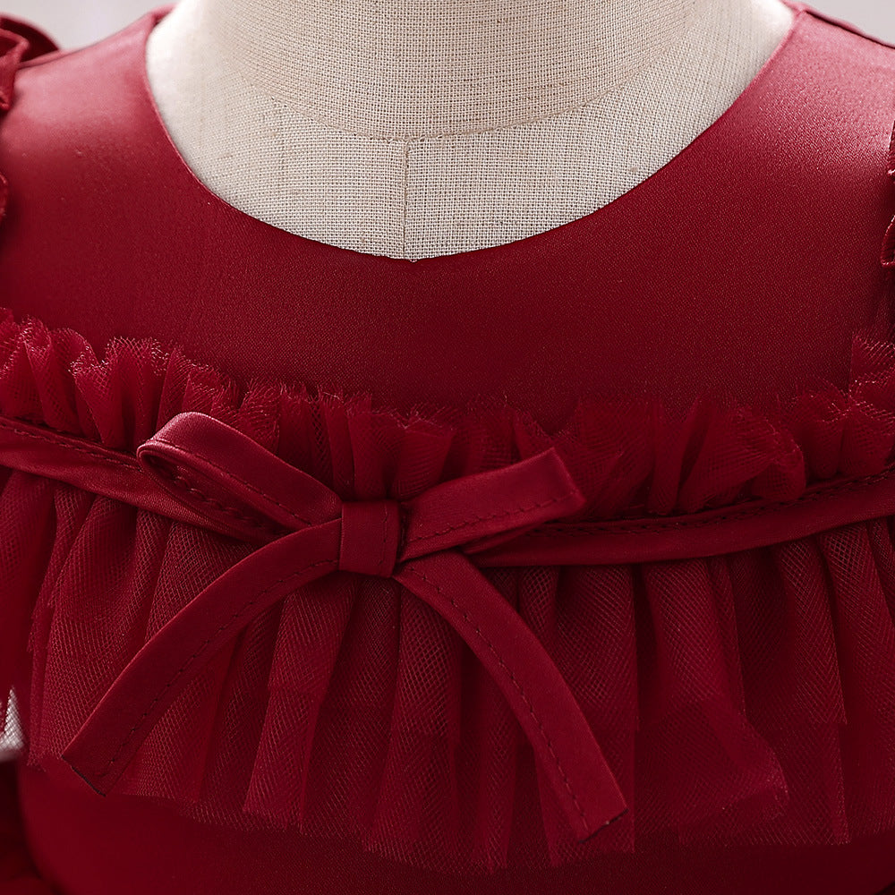 Bubble Sleeve Tulle A-Line Dress for Baby Girls – Tea Length Party & Wedding Outfit