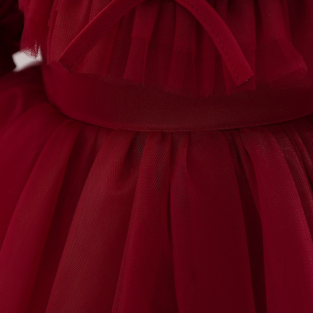 Bubble Sleeve Tulle A-Line Dress for Baby Girls – Tea Length Party & Wedding Outfit