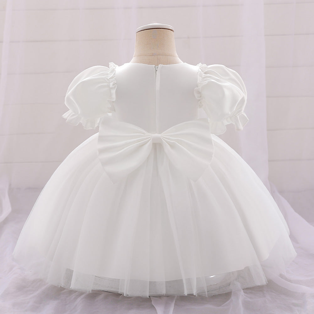 Bubble Sleeve Tulle A-Line Dress for Baby Girls – Tea Length Party & Wedding Outfit