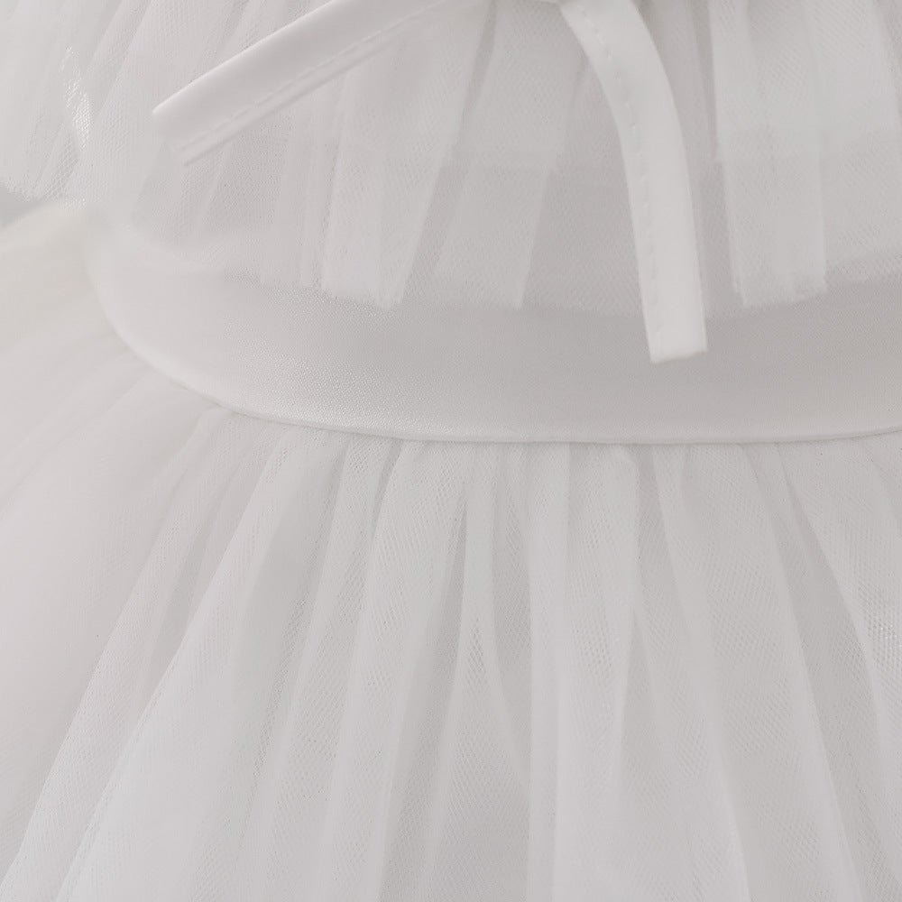 Bubble Sleeve Tulle A-Line Dress for Baby Girls – Tea Length Party & Wedding Outfit