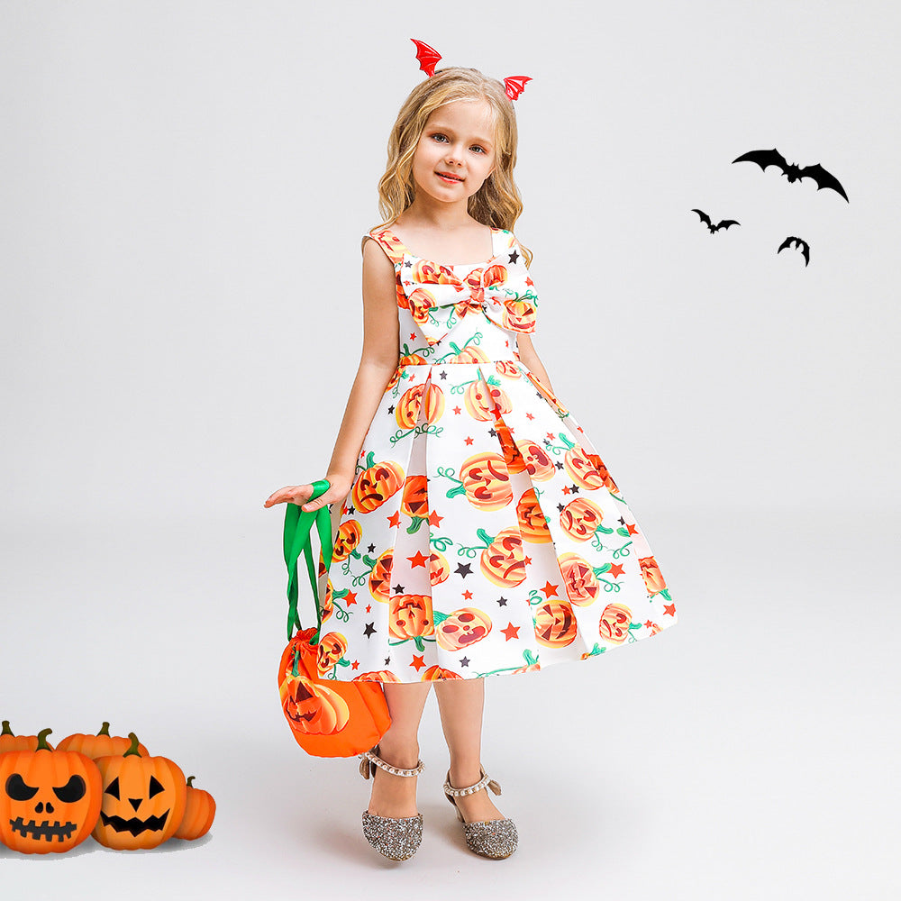 Cute Multicolor Cartoon Tea Length Dress with Bowknot for Girls 2-10Y