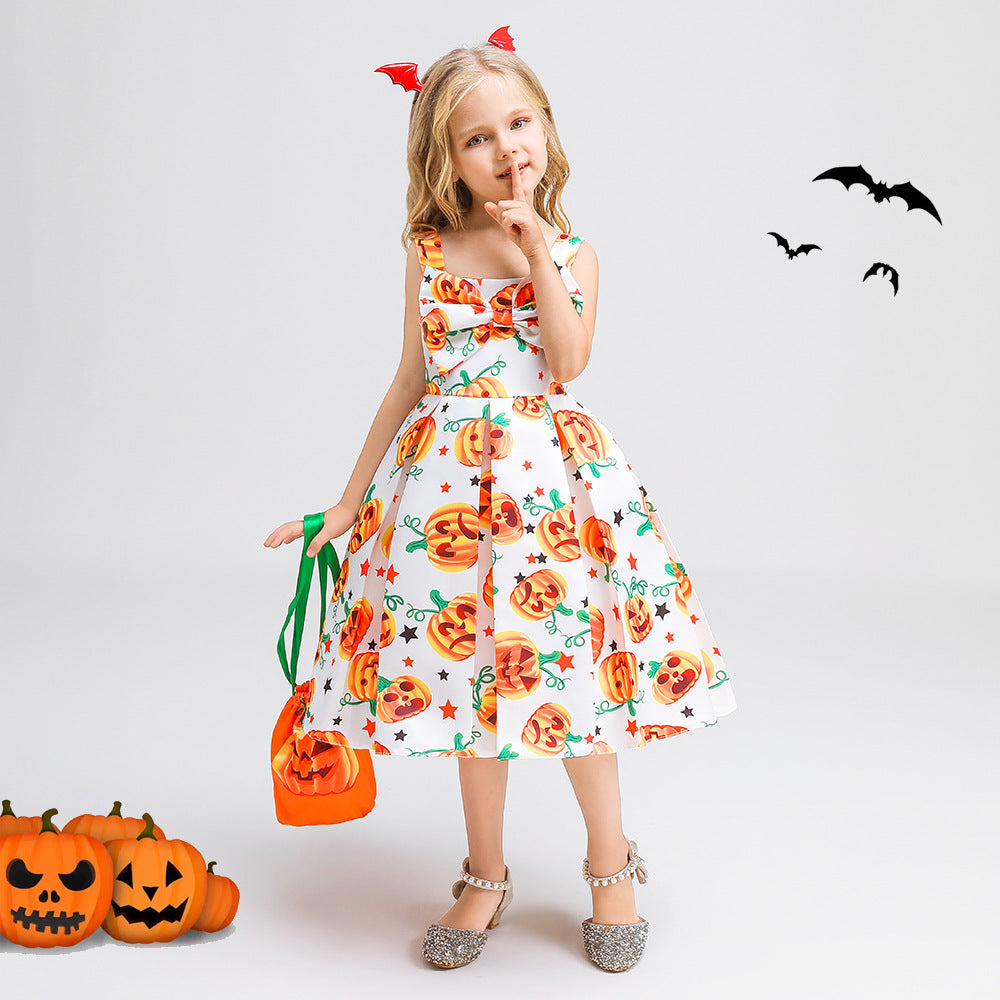 Cute Multicolor Cartoon Tea Length Dress with Bowknot for Girls 2-10Y